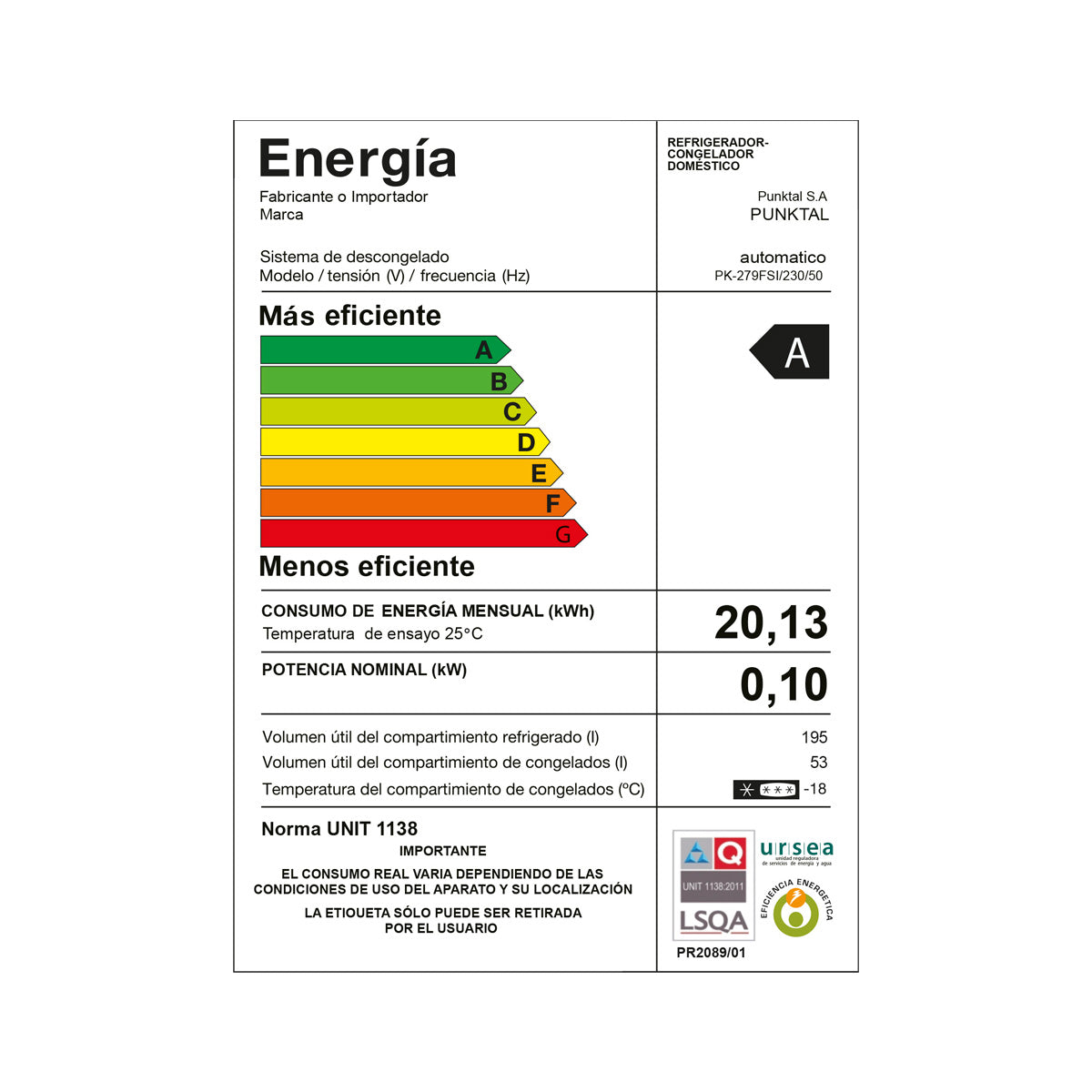 Refrigerador OUNKTAL PK-279FSI Frío Seco 248Lts Efic. A