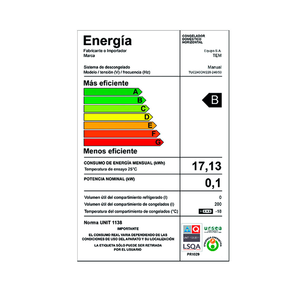 Freezer Horizontal TEM 200 Lts TUC240CH