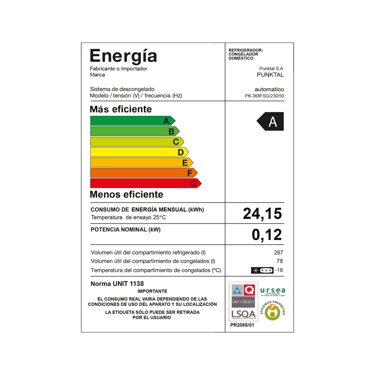 Refrigerador PUNKTAL PK-368FSG Frío Seco 345Lts