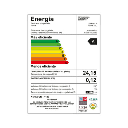 Refrigerador PUNKTAL PK-368FSG Frío Seco 345Lts