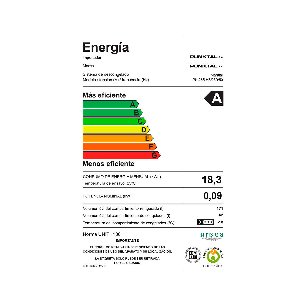 Refrigerador PUNKTAL Frío Natural PK-265HB 216Lts