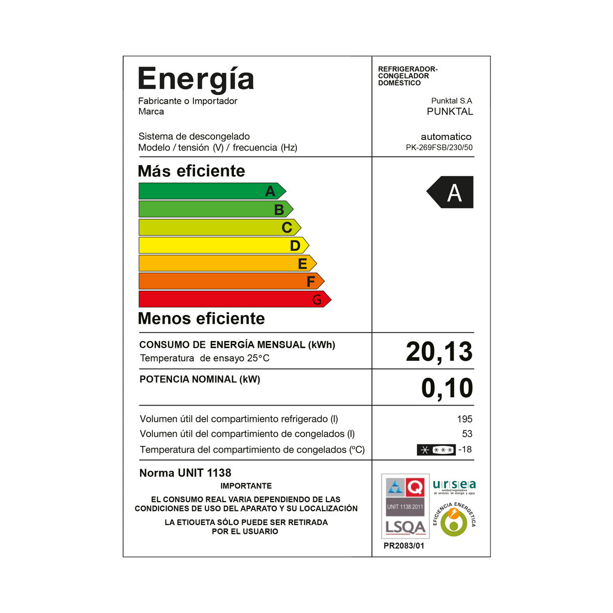 Refrigerador PUNKTAL PK269FSB Frío Seco 248 Lts Efic. A