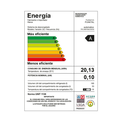 Refrigerador PUNKTAL PK269FSB Frío Seco 248 Lts Efic. A