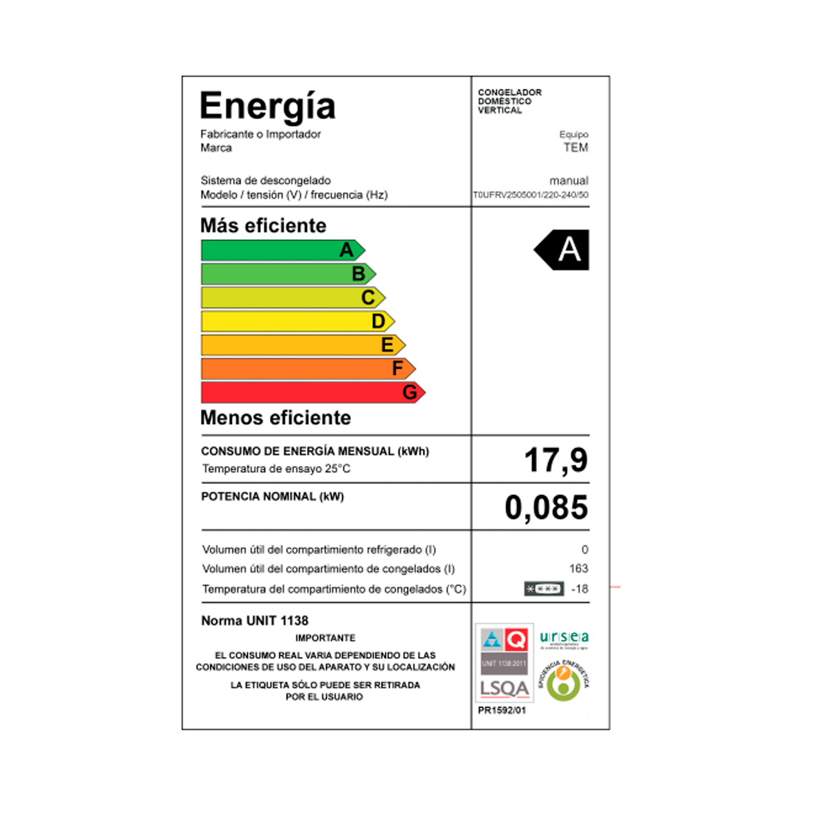 Freezer Vertical TEM T0UFRV2505001 165Lts