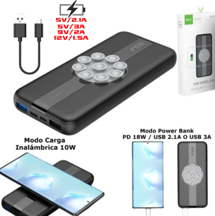 Power Bank GOLF Con Cargador Inalámbrico (QI) 10W / 10000 MAH / 2 USB